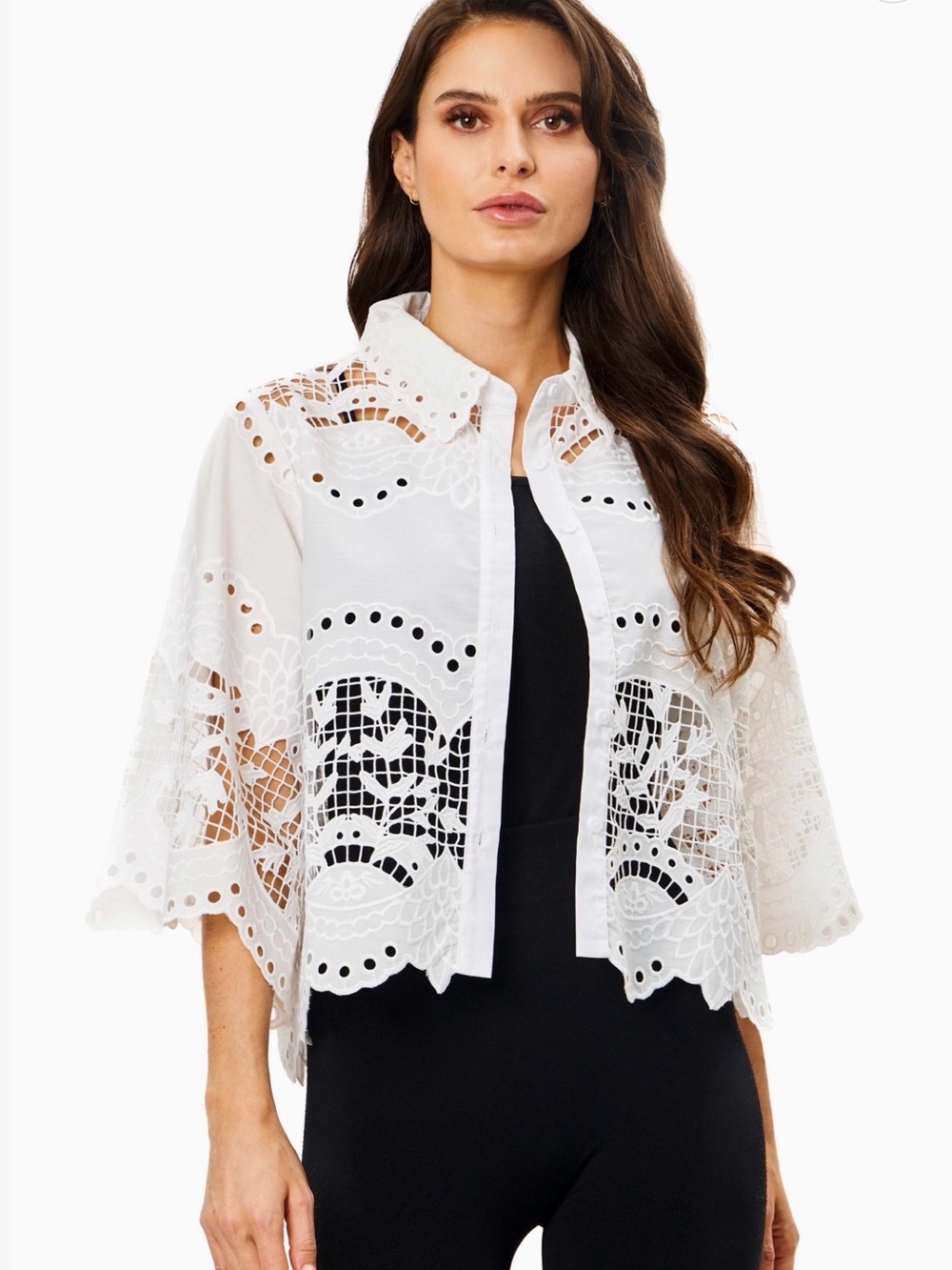 White Eyelet Lace Button-Front Cape Shirt
